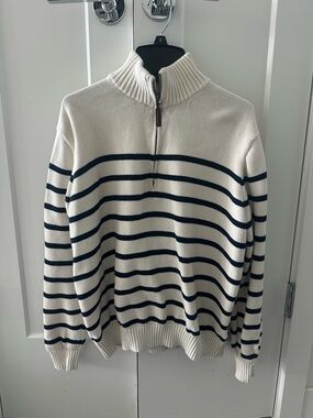Brandy Melville Cream Half-Zip Sweater with Navy Stripes